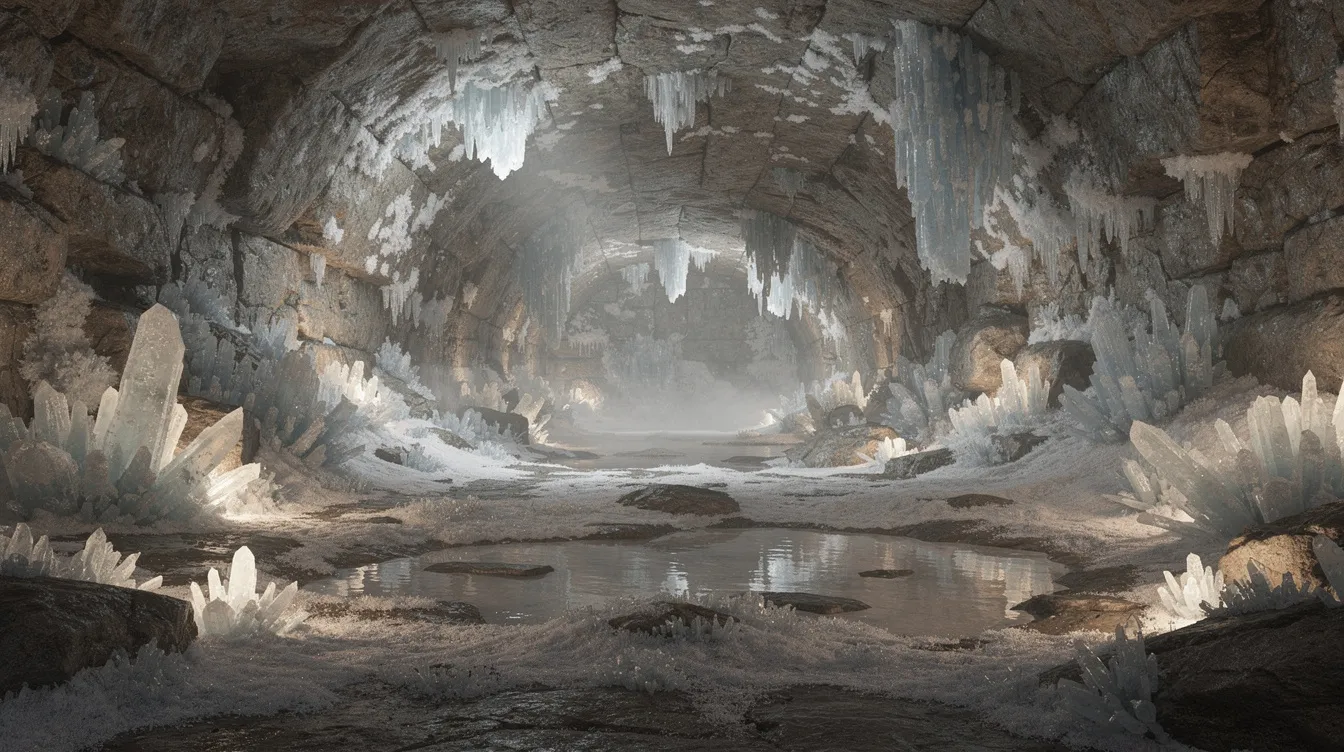 A imagem mostra uma câmara subterrânea expansiva, repleta de formações de cristais de sal que refletem uma iluminação suave, criando um ambiente mágico. Este local, parte das famosas minas de sal de Wieliczka na Polônia, é uma atração turística reconhecida pela UNESCO, onde visitantes podem admirar esculturas e capelas, como a Capela de Santa Kinga, que testemunham séculos de história e tradição.