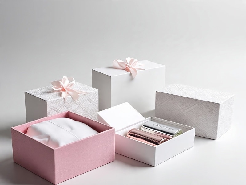 An image of white and pink subscription boxes with soft ribbon bows, some open to show cushioned interiors and small items.