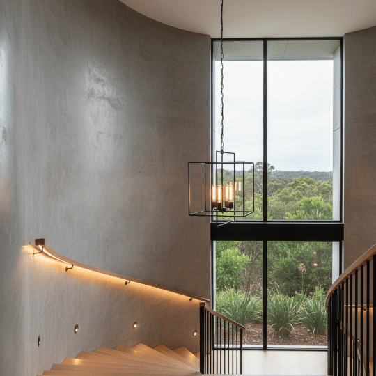 Industrial hanging lantern lighting with a metal frame and exposed bulbs in a modern stairwell.