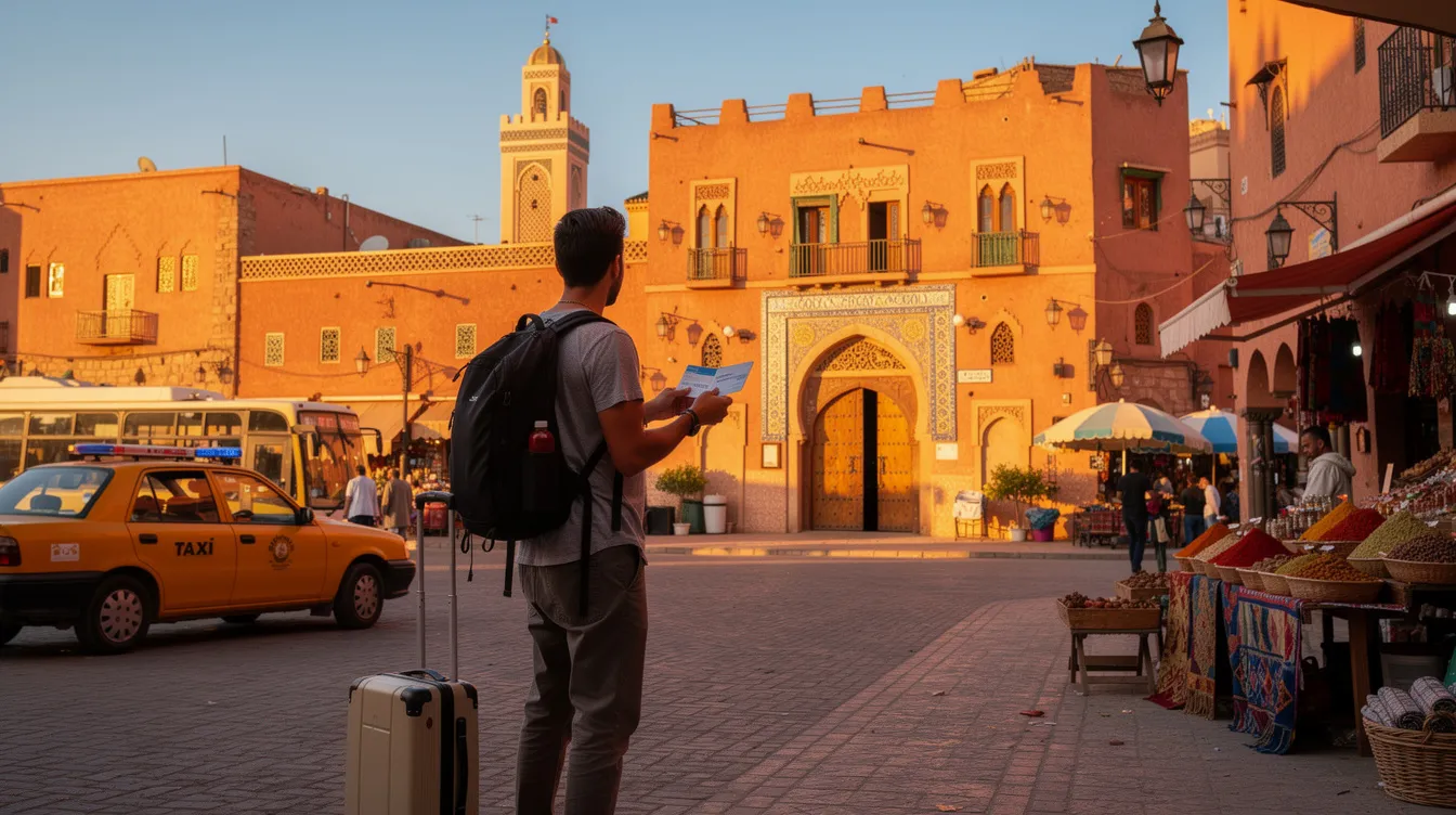 A imagem retrata um vibrante cenário de Casablanca, a maior cidade de Marrocos, com sua arquitetura típica que reflete a tradição marroquina e a influência do mundo islâmico. Ao fundo, é possível ver a famosa Mesquita Hassan II, destacando-se na beira-mar, enquanto pessoas caminham pelas ruas, criando uma atmosfera de vida urbana e cultural.