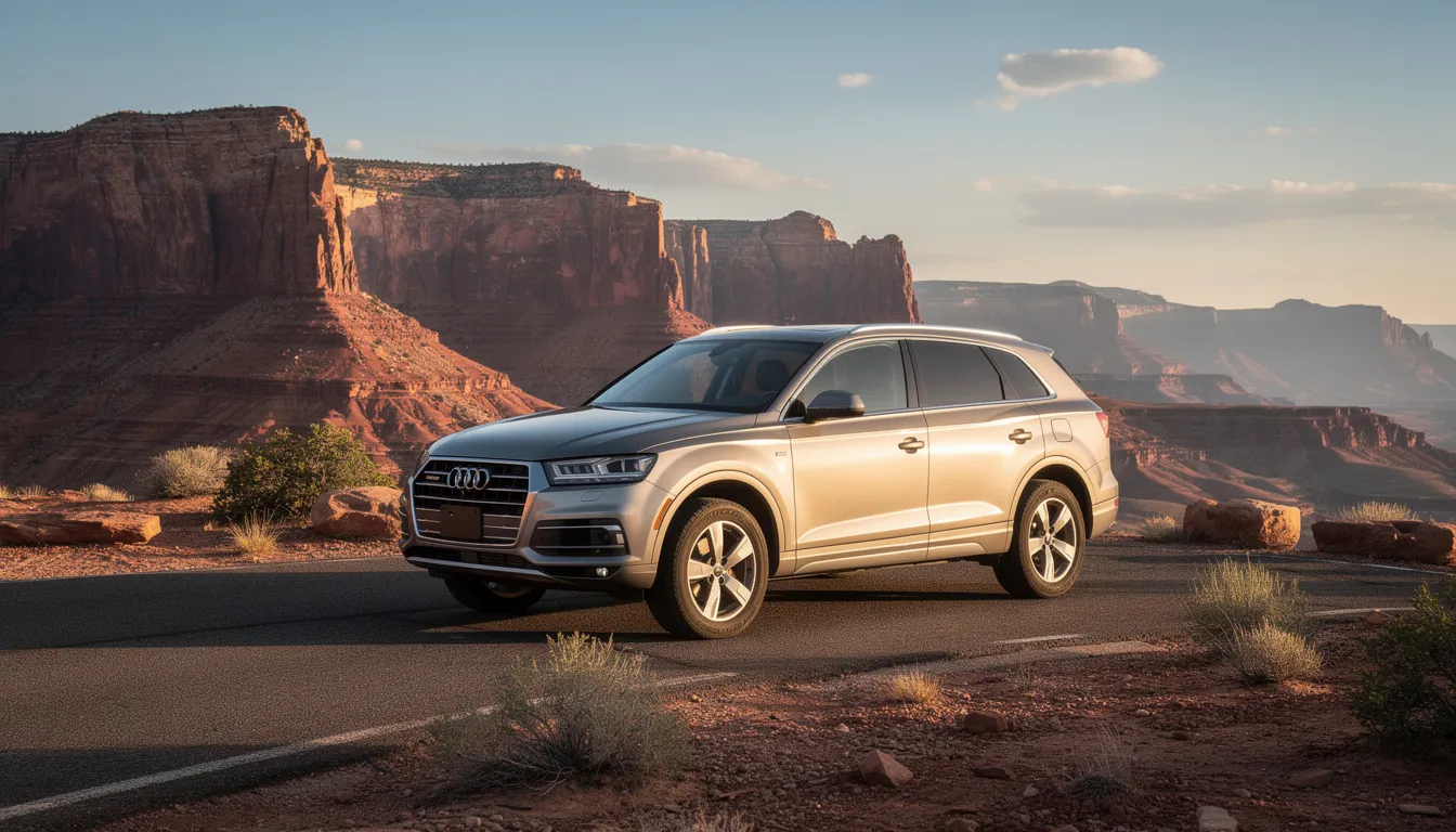 A comfortable SUV is parked at a scenic overlook, showcasing the stunning red rock canyon walls typical of southern Utah, with Bryce Canyon National Park in the distance. This picturesque spot offers spectacular views, making it a perfect stop for visitors exploring the national parks in the area.