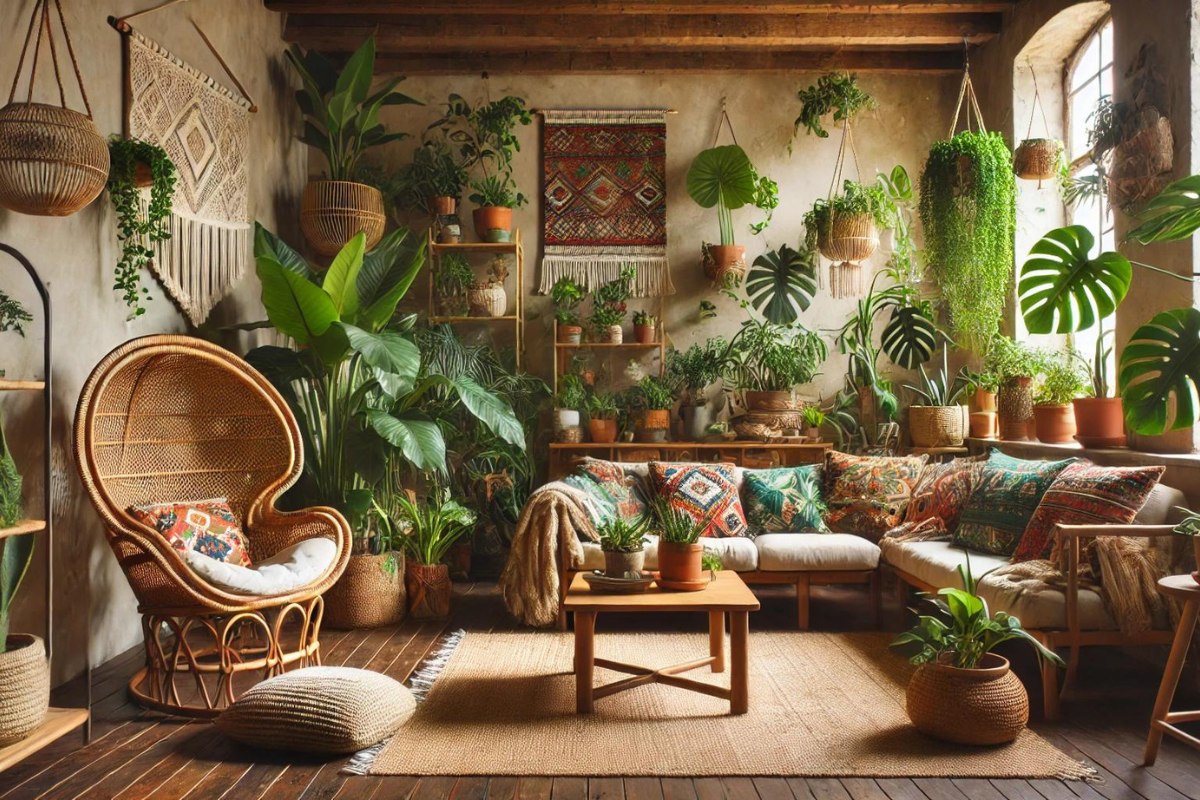 An illustration of a boho style room filled with greenery.