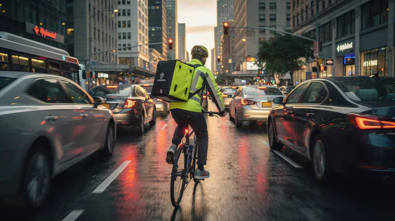 Un repartidor en bicicleta navega por una calle urbana congestionada, rodeado de tráfico y edificios. Este conductor realiza un servicio de entrega de comida a domicilio, lo que resalta los riesgos y la responsabilidad que enfrentan los repartidores en su trabajo diario.