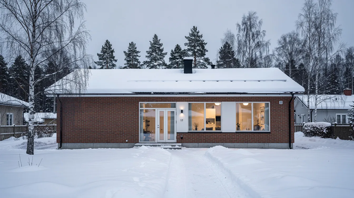 Punatiilijulkisivuinen, yksikerroksinen omakotitalo, joka on rakennettu 1970-luvulla, seisoo lumisessa suomalaisessa pihamaisemassa. Talossa on matala sokkeli ja suuret ikkunat, jotka tuovat valoa sisätiloihin.