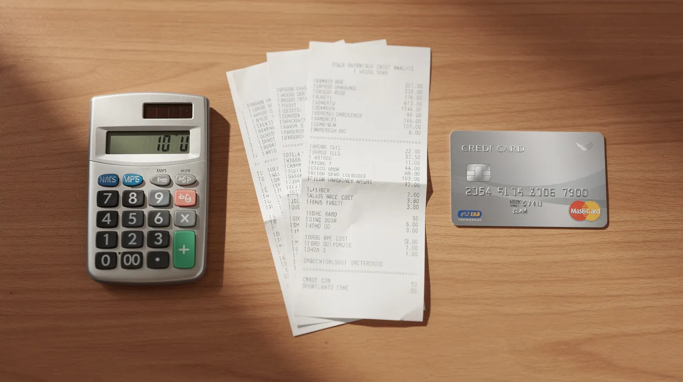 The image features a calculator, several receipts, and a credit card placed on a wooden desk, symbolizing payment cost analysis for businesses. This setup highlights the importance of understanding transaction fees and payment processing for efficient cash flow management in online and mobile payments.
