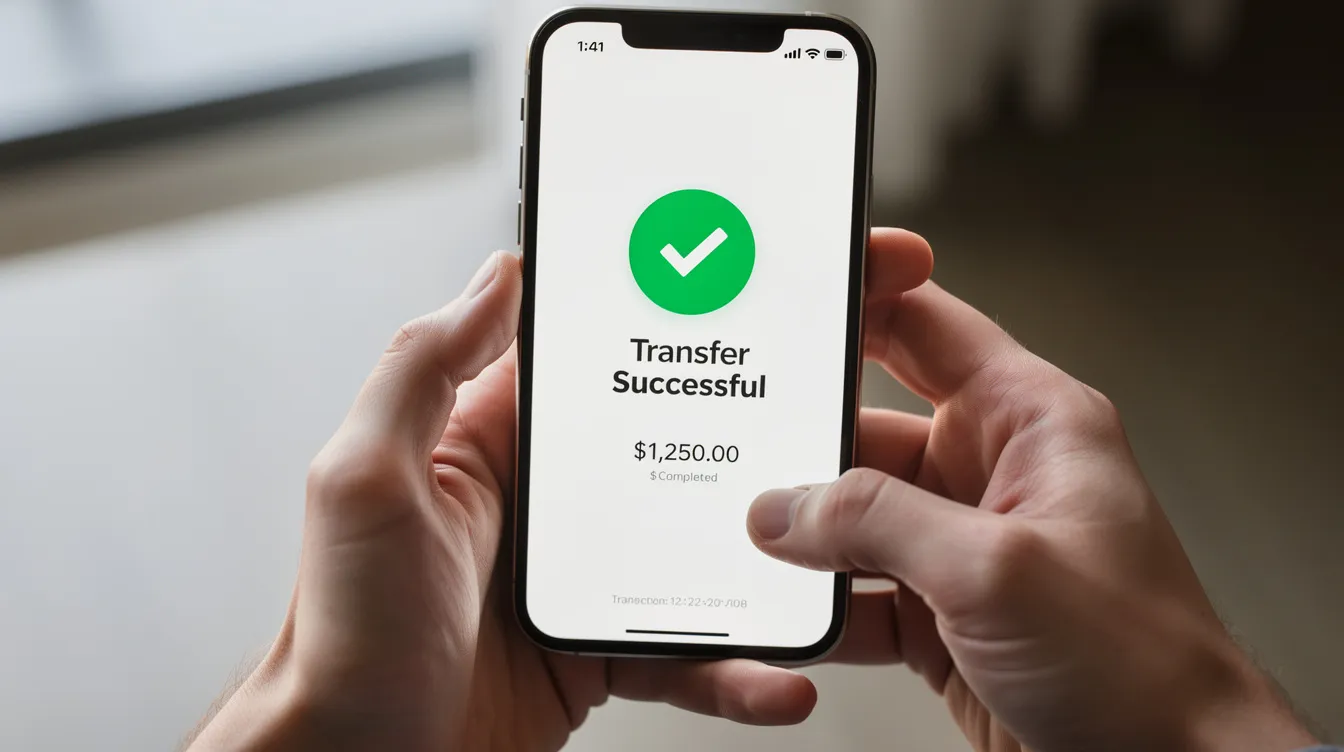 A pair of hands is holding a smartphone that displays a confirmation screen for an international money transfer, indicating a successful transaction. The screen shows details such as the recipient's location and the total cost, highlighting the convenience of sending money online through services like Finja.