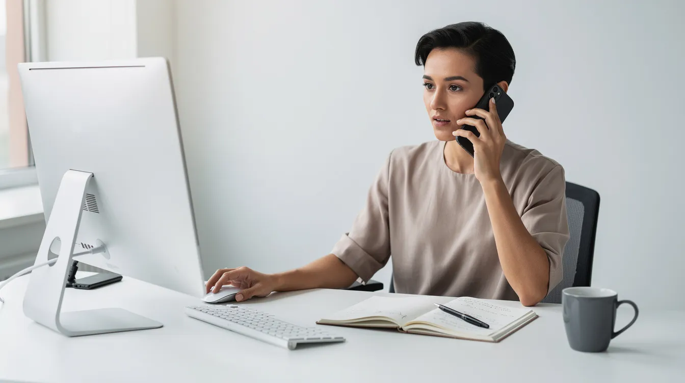 A sales representative is making a phone call at a desk, surrounded by a computer and a notebook, as part of their sales process to engage with potential customers. This scene highlights the importance of effective communication in the sales pipeline and customer acquisition efforts.