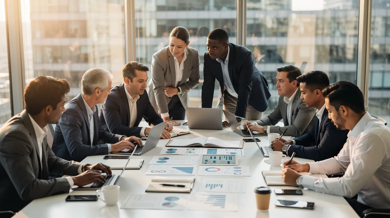 A diverse group of professionals is gathered around a conference table, engaged in a working session as they review printed documents and utilize laptops. This collaborative environment showcases teamwork and modern systems, emphasizing the importance of effective communication and strategy in achieving business goals.