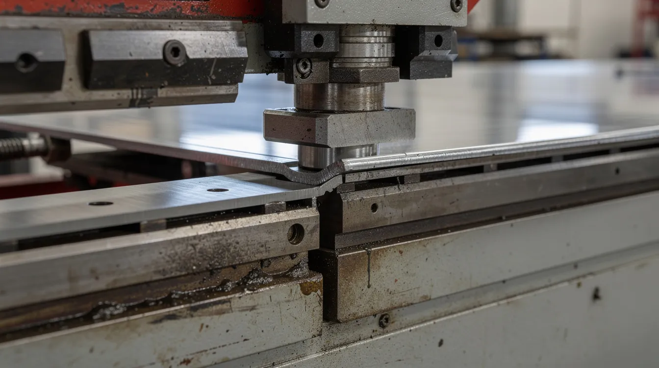 A close-up view of a CNC press brake in action, skillfully bending a sheet metal panel with precision tooling, showcasing the advanced equipment used in commercial projects. This image highlights the reliable tools and techniques that ensure high-quality finishes for custom metal components.
