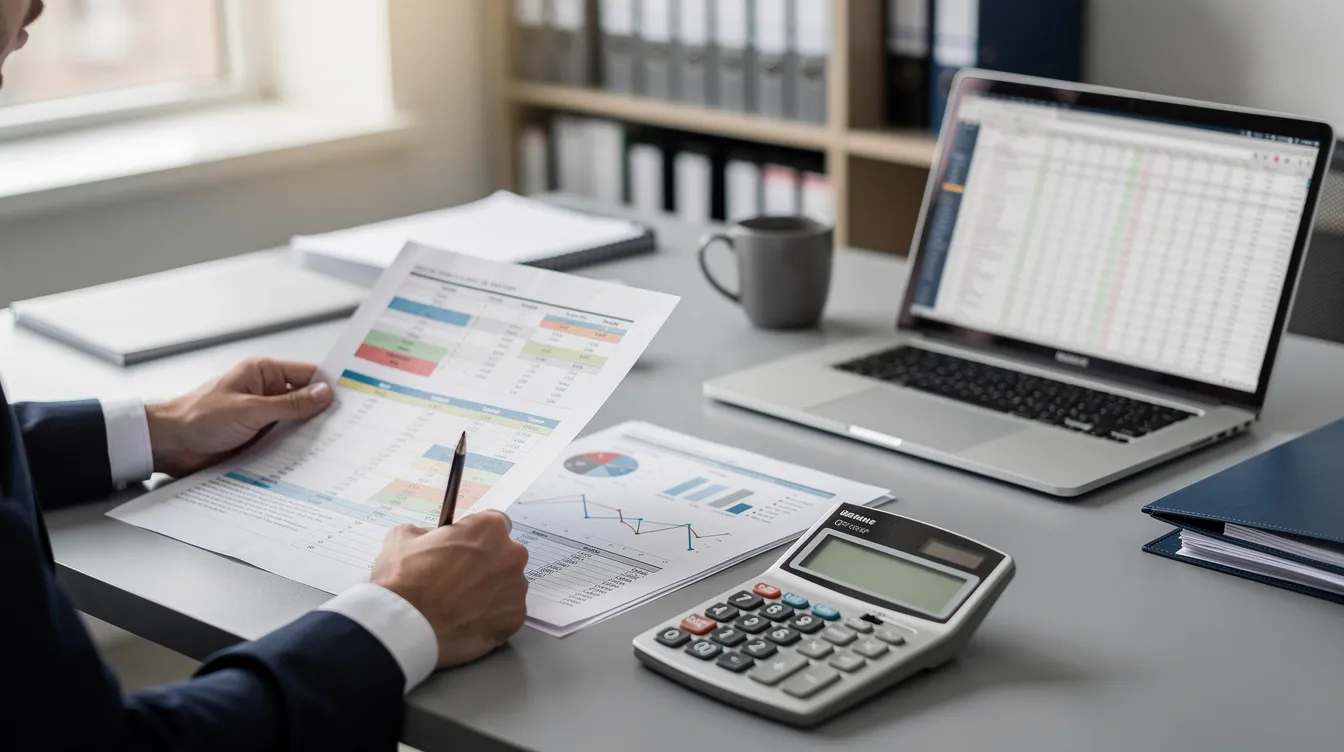 c6a0d7c4 a5be 4502 82e6 66c51b545ed6 The image depicts a professional sitting at a desk, intently reviewing financial documents and spreadsheets, with a calculator at hand. This scene highlights the importance of analyzing a company's financial trends, which is crucial for assessing operational costs and preparing a business plan for the pulse processing sector.