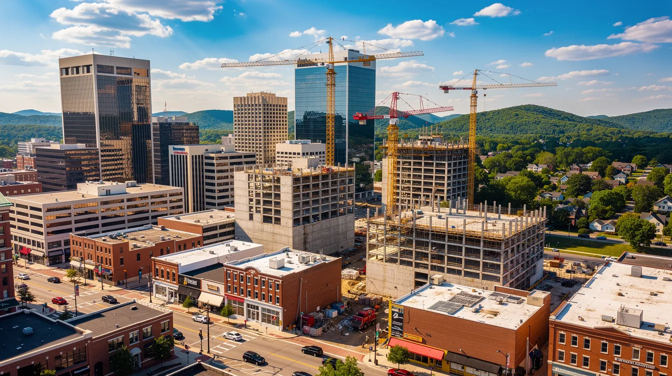 An aerial view of a Tennessee city skyline showcases multiple construction cranes towering over commercial buildings that are currently under construction, highlighting the bustling activity within the construction industry. This scene reflects the importance of construction safety and workplace safety protocols as construction workers engage in various projects.