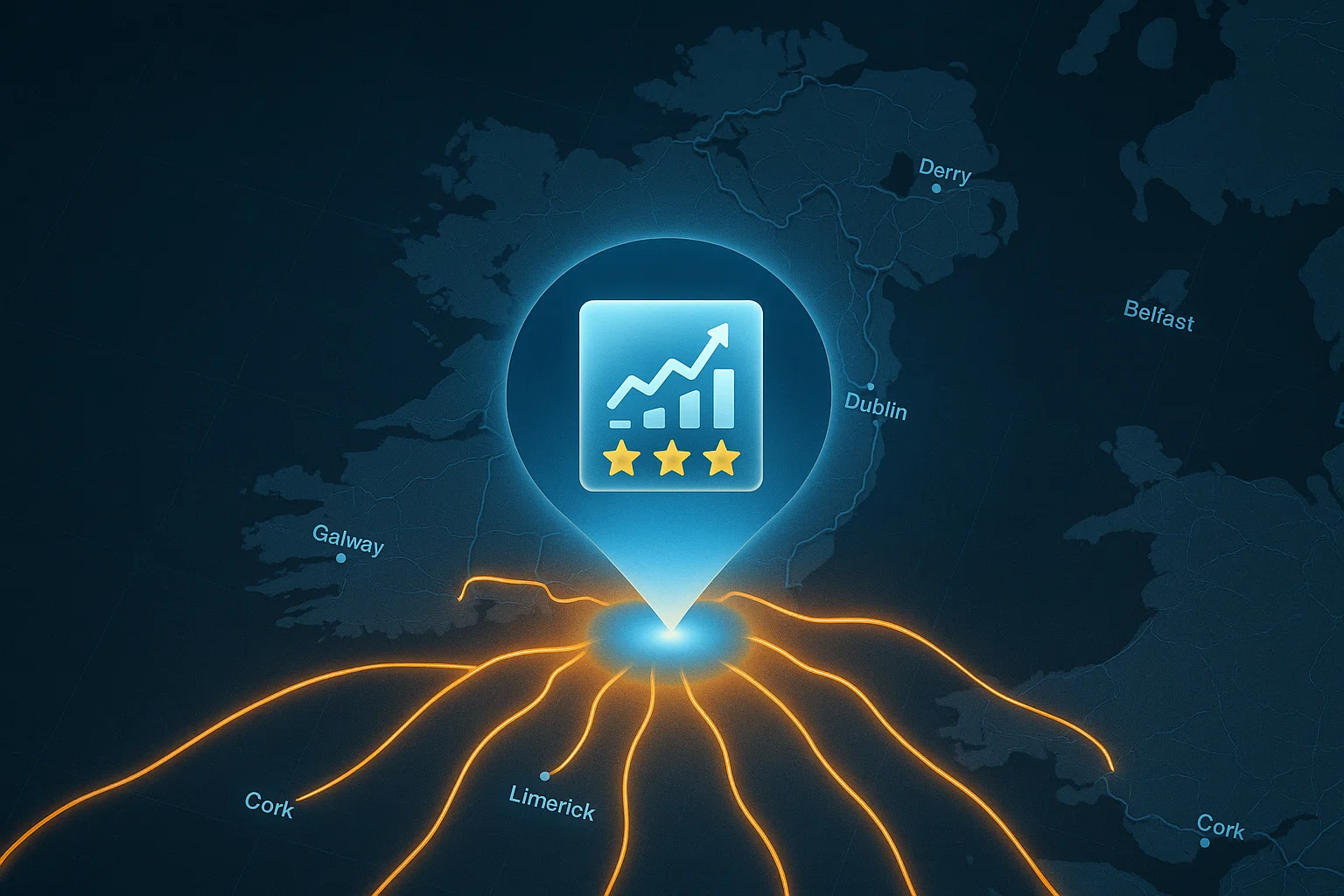 Illustration of Irish business growth shown by rising local search visibility, positive reviews, and increasing digital reach across Ireland.