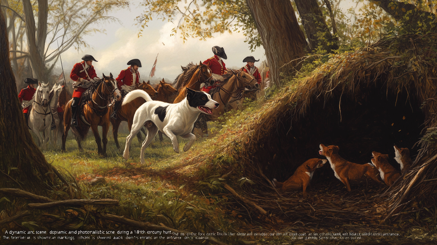A Smooth Fox Terrier flushing foxes out a den for hunters to chase