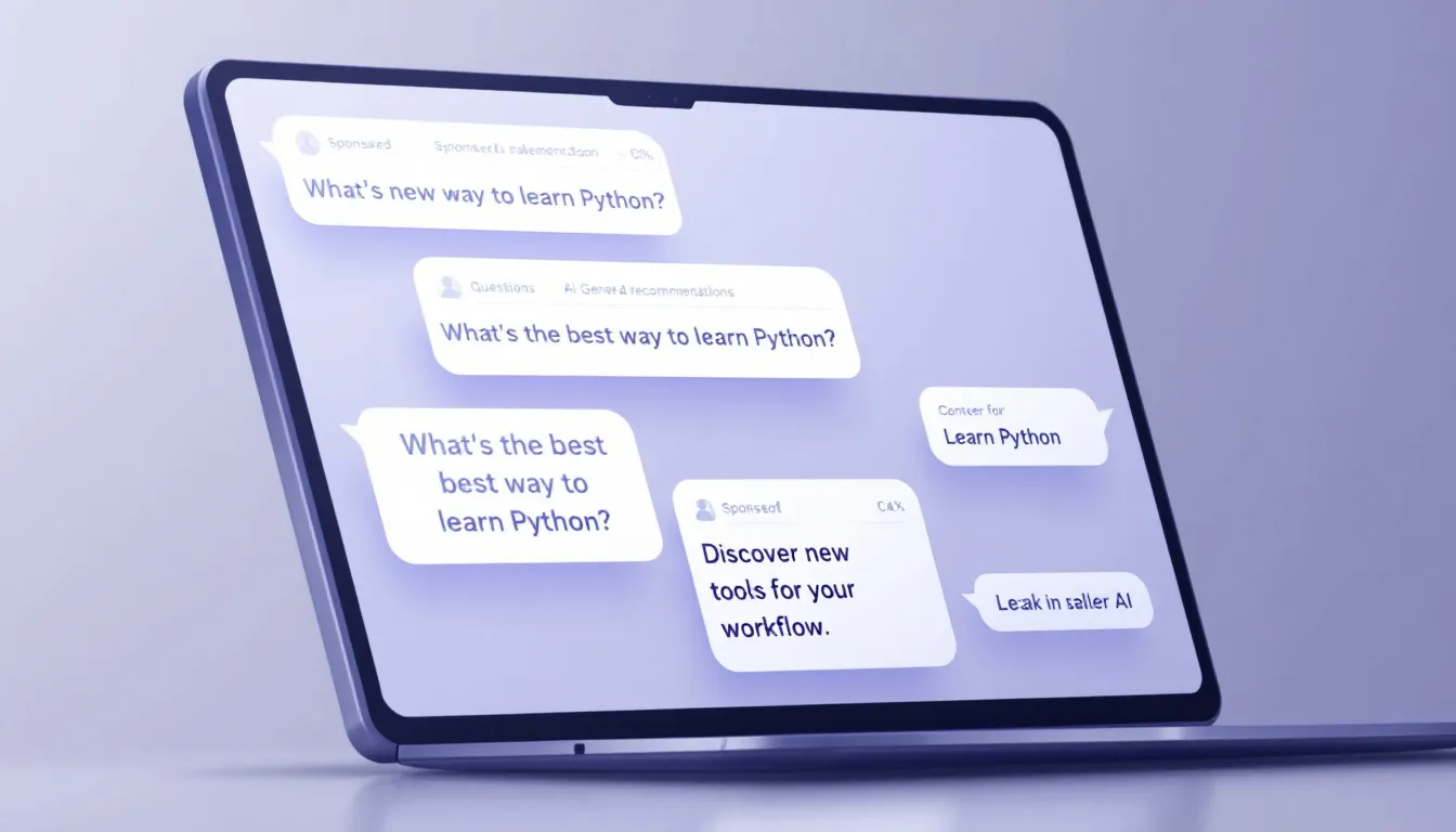 The image showcases various ad formats utilised in AI chat interfaces, featuring sponsored questions and contextual recommendations aimed at enhancing user engagement. These ads, part of a digital advertising strategy, leverage AI-powered search engines and large language models to optimise audience targeting and improve conversion rates for businesses.