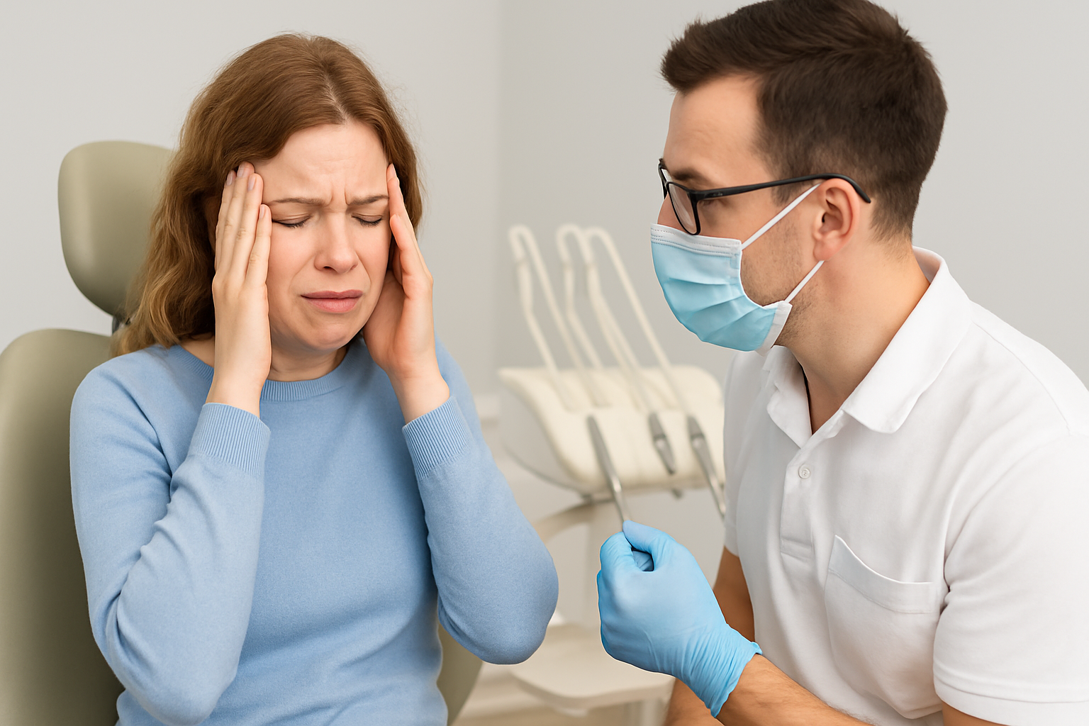 HELFO og Tannlegeskrekk: Du Har Rett På Hjelp – Både Psykisk og Økonomisk 8 En kvinne med tannlegeskrekk holder hodet mens en tannlege viser empati i en rolig og moderne tannklinikk.