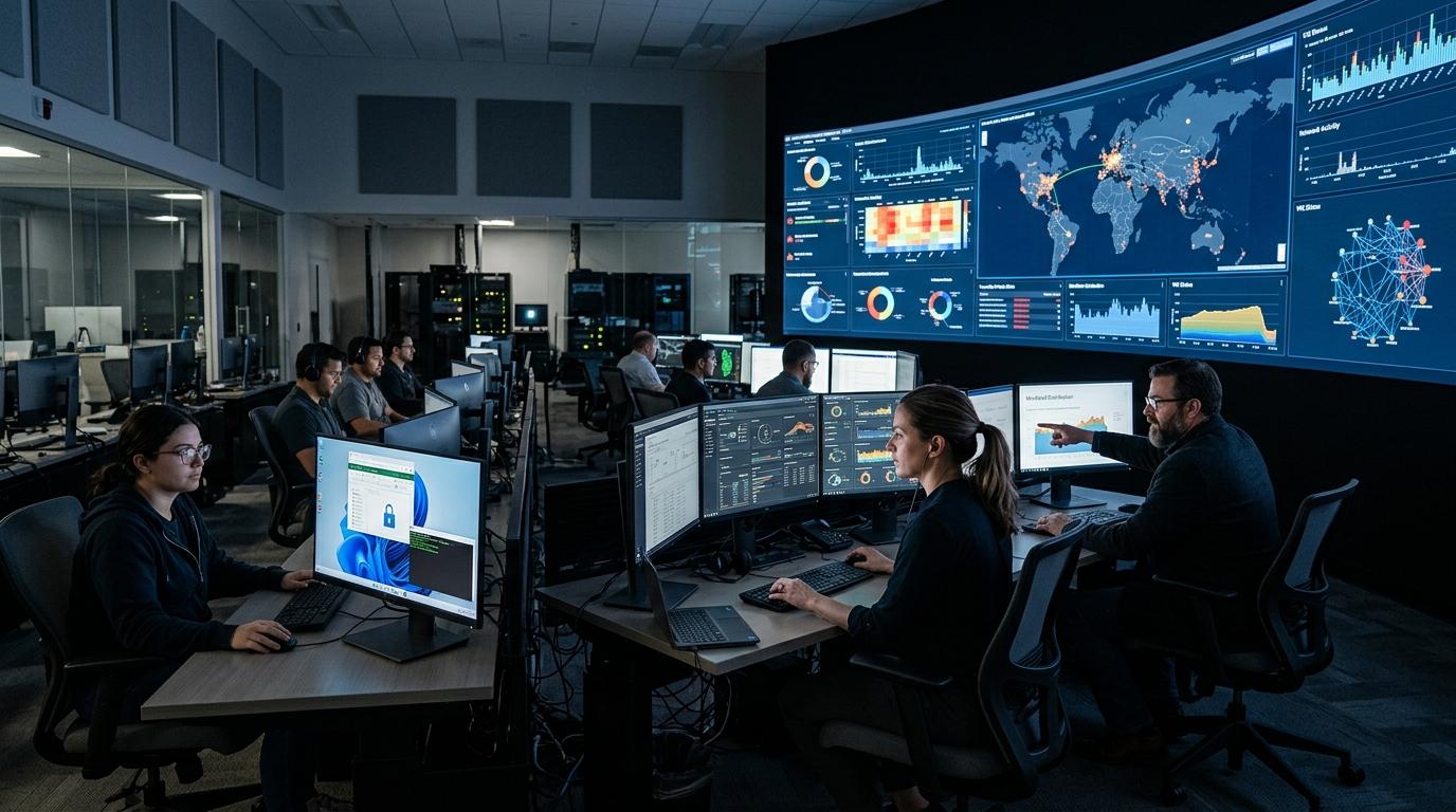 Realistic enterprise cybersecurity environment with professionals securely accessing cloud-hosted desktops while IT teams monitor large-scale cloud infrastructure and workload environments.