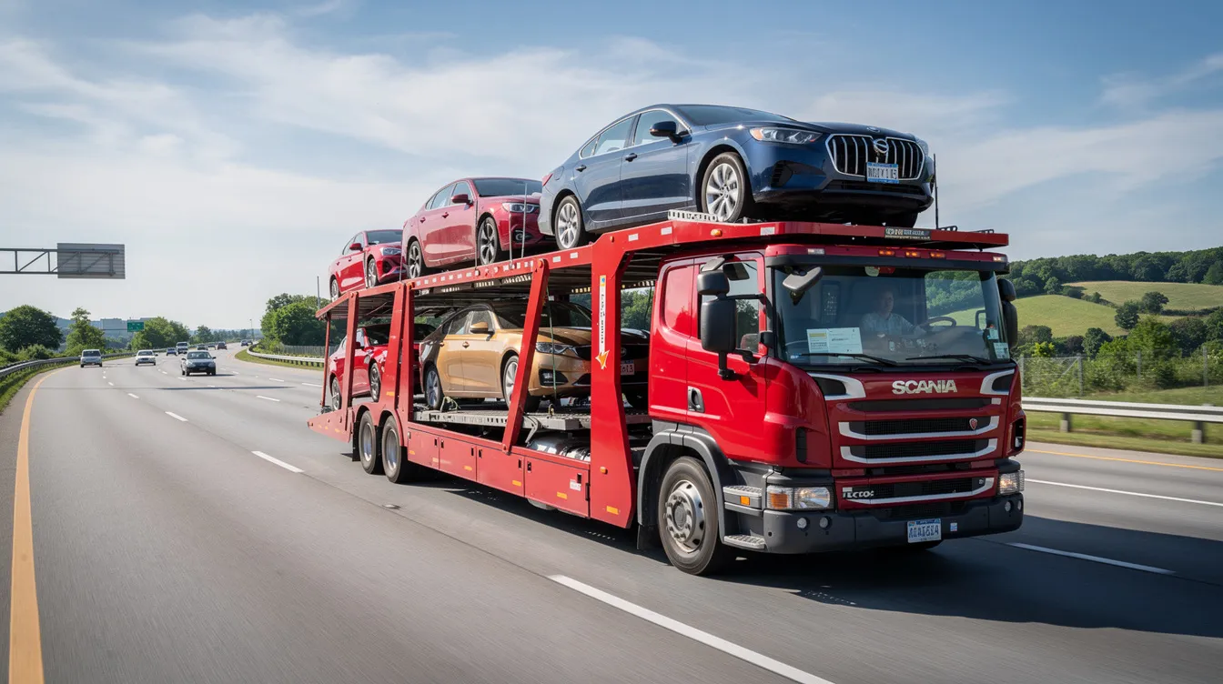 A modern car transport truck is seen driving along an interstate highway, loaded with multiple vehicles, showcasing the auto transport service in action. This image highlights the importance of car shipping insurance and cargo insurance coverage to protect vehicles during transit.