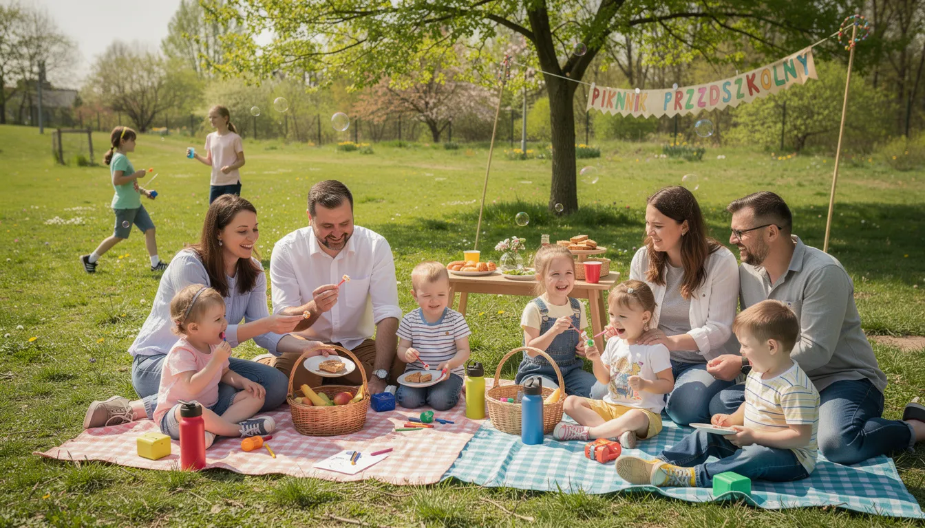 Na obrazku widać rodzic&oacute;w z dziećmi podczas pikniku przedszkolnego na świeżym powietrzu, gdzie wsp&oacute;lnie spędzają czas, angażując się w r&oacute;żne aktywności fizyczne oraz promując zdrowy tryb życia. Dzieci bawią się na trawie, a rodzice przygotowują jedzenie, co sprzyja integracji i kształtowaniu pozytywnych relacji w środowisku przedszkolnym.