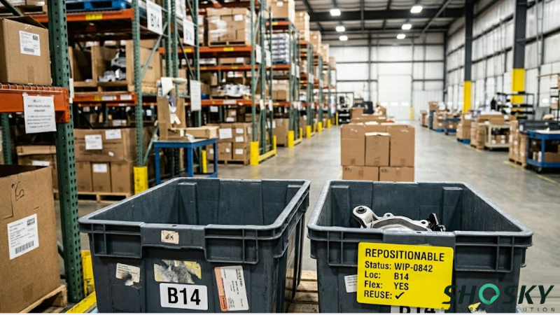 Reusable plastic bins in a warehouse with a yellow repositionable label
