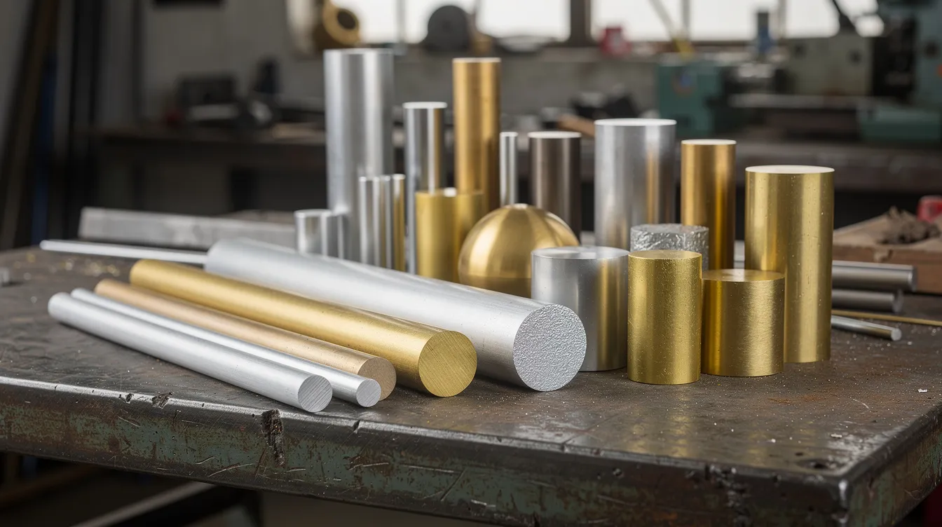 The image depicts a workshop table filled with various raw material blocks and round bars made from aluminum, stainless steel, brass, and engineering plastic rods. These materials are essential for precision CNC machining and are commonly used in numerous industries for creating custom machined parts and components.
