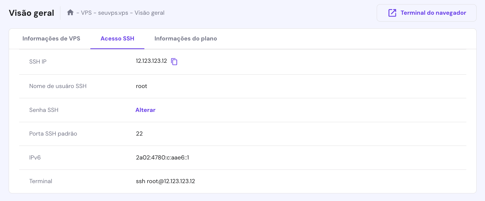 Localização das credenciais de login SSH no painel VPS da Hostinger