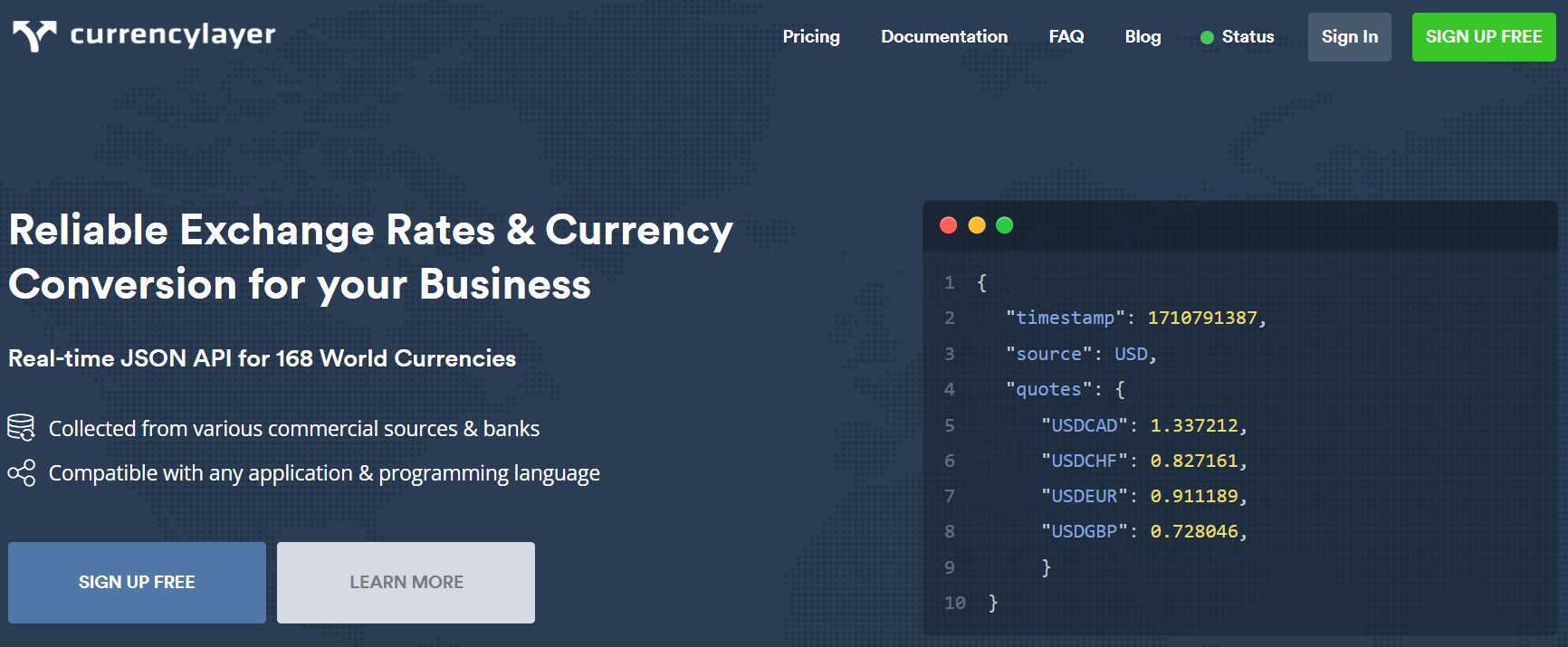 home page of the currencylayer api