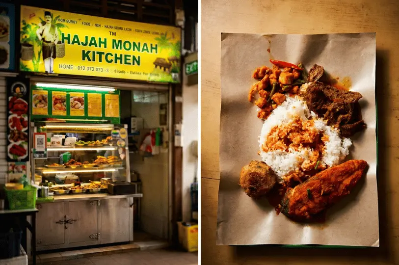 Split-screen image of the Hajah Monah Kitchen stall showcasing a variety of cooked dishes, next to a top-down shot of a Nasi Padang meal featuring rice, curry fish, and sides on brown butcher paper.