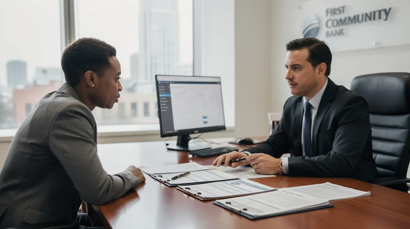 c6ac9851 da2f 4ea3 a7fe d0aa544165e9 The image shows a small business owner engaged in a discussion with a bank officer at a desk, with various documents, including a business plan and financial statements, laid out between them. This meeting likely pertains to the application process for a mudra loan, emphasizing the importance of a satisfactory credit track record and necessary documents for financial assistance.