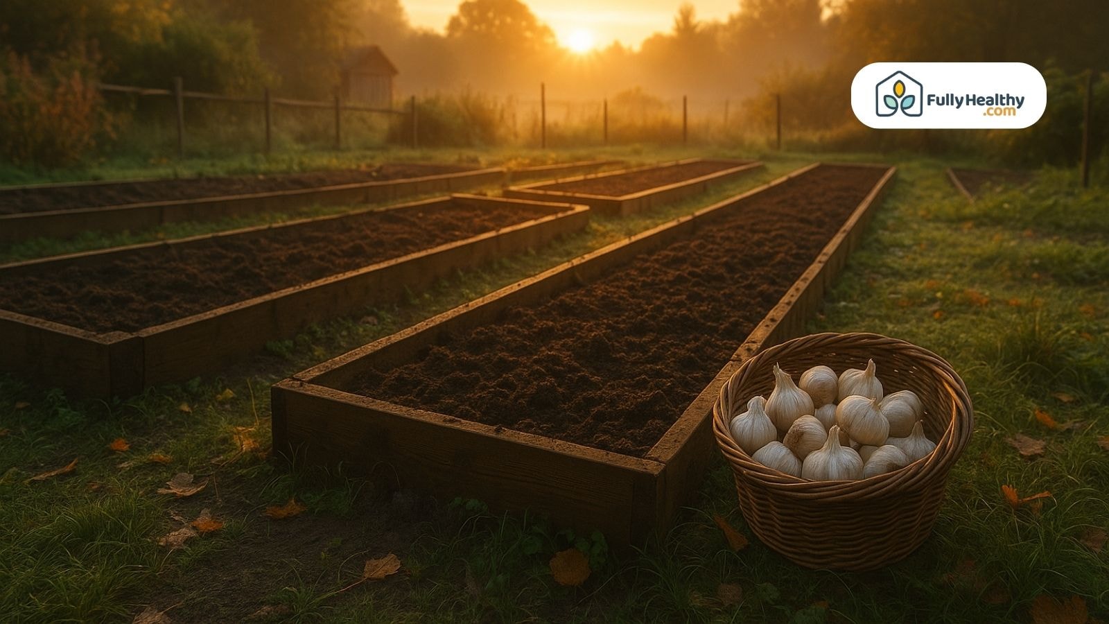 Garlic basket beside raised garden beds at sunrise in fall