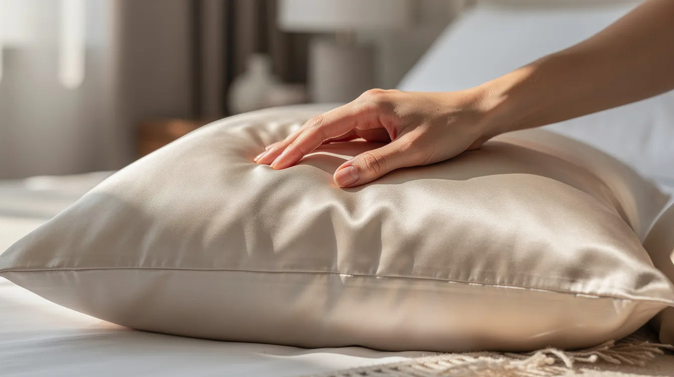 A woman's hand is gently touching a smooth silk pillowcase on a neatly made bed, illuminated by soft morning light, highlighting the luxurious texture of the pure mulberry silk. This scene emphasizes the benefits of silk pillowcases for sensitive skin, promoting better sleep and skin health.