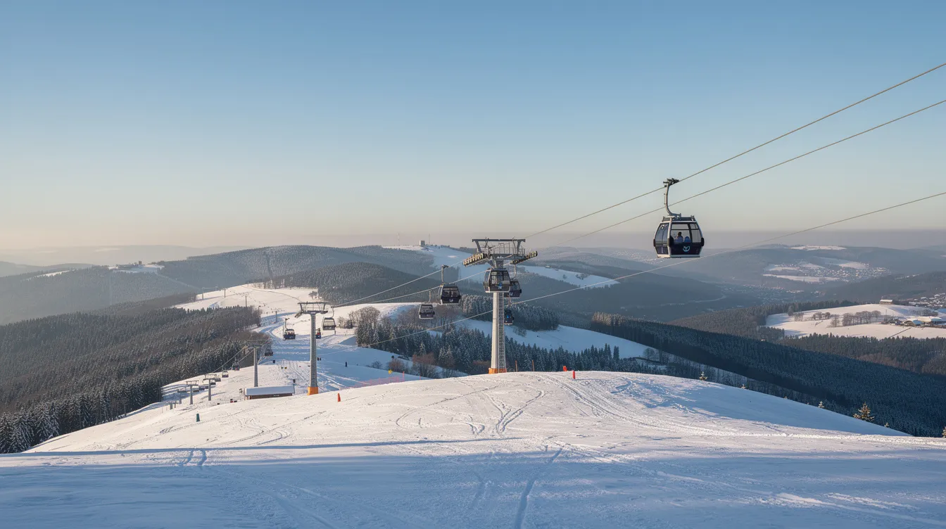 Ein verschneiter Berggipfel im bayerischen Wald ist mit einer Gondelbahn verbunden, die die Besucher zu den Pisten des Familienskigebiets Sankt Englmar bringt. Die malerische Winterlandschaft lädt zu Wintersportaktivitäten wie Skifahren und Snowboarden ein.
