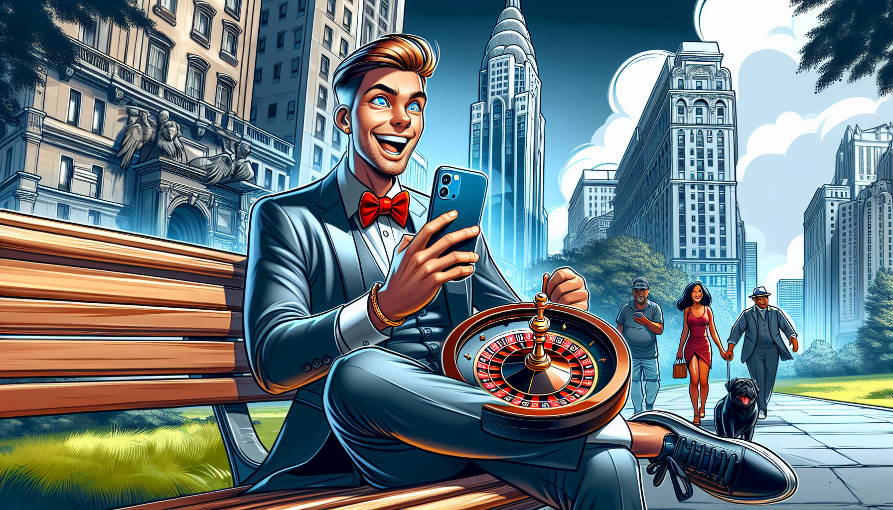 Cartoon illustration of a person playing mobile live roulette on a smartphone