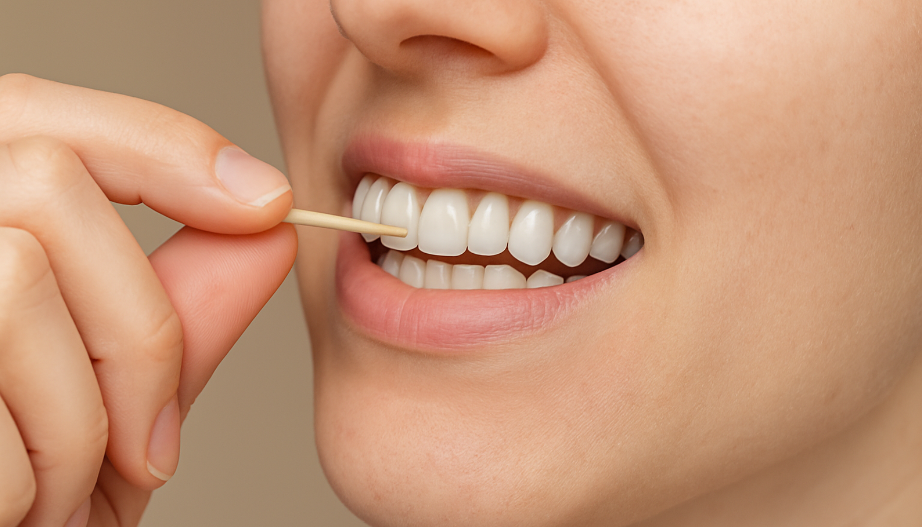 Person bruker tannpirker mellom fortennene, viser effektiv rengjøring mellom tennene for bedre tannhelse.
