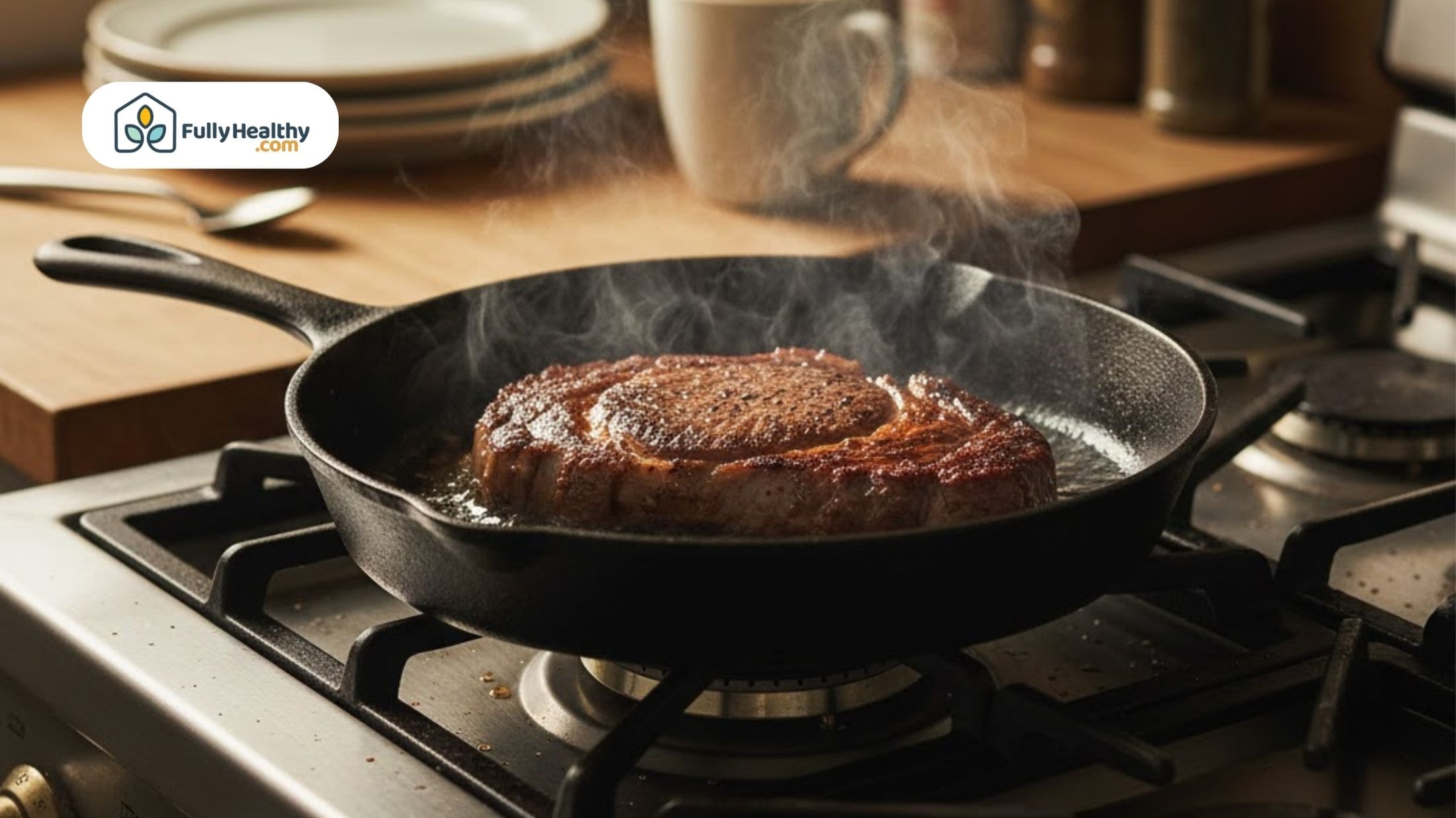 Beef steak cooking in cast iron pan on stovetop.