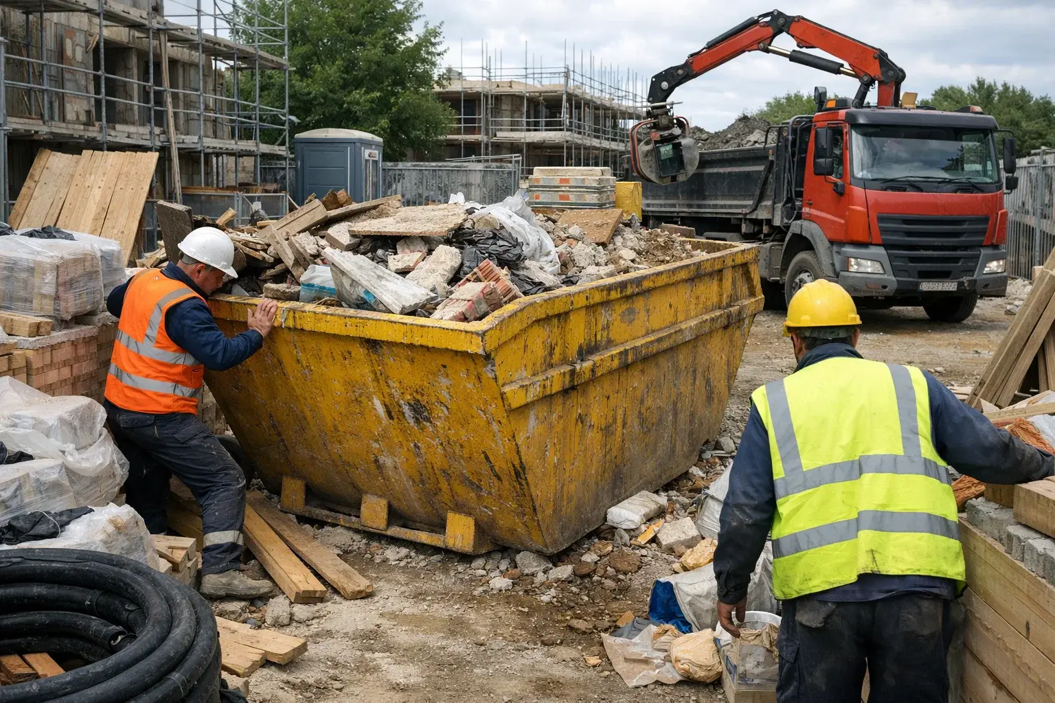 Poorly placed skip on a construction site causing delays in waste collection and site access