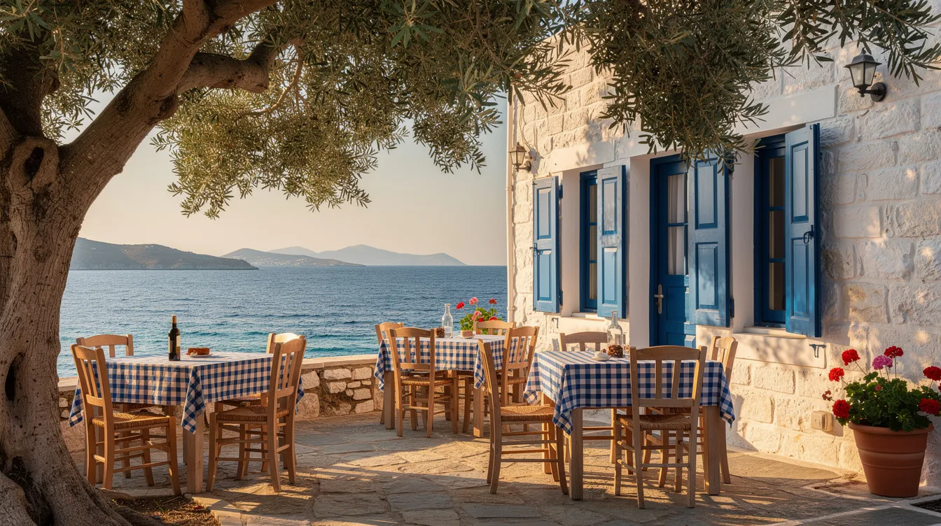Die Bildbeschreibung zeigt eine griechische Taverne, die unter schattenspendenden Olivenbäumen liegt und einen atemberaubenden Blick auf das glitzernde Meer bietet. Diese idyllische Umgebung ist ideal für einen entspannenden Urlaub in Griechenland, wo man die köstliche lokale Küche genießen kann.
