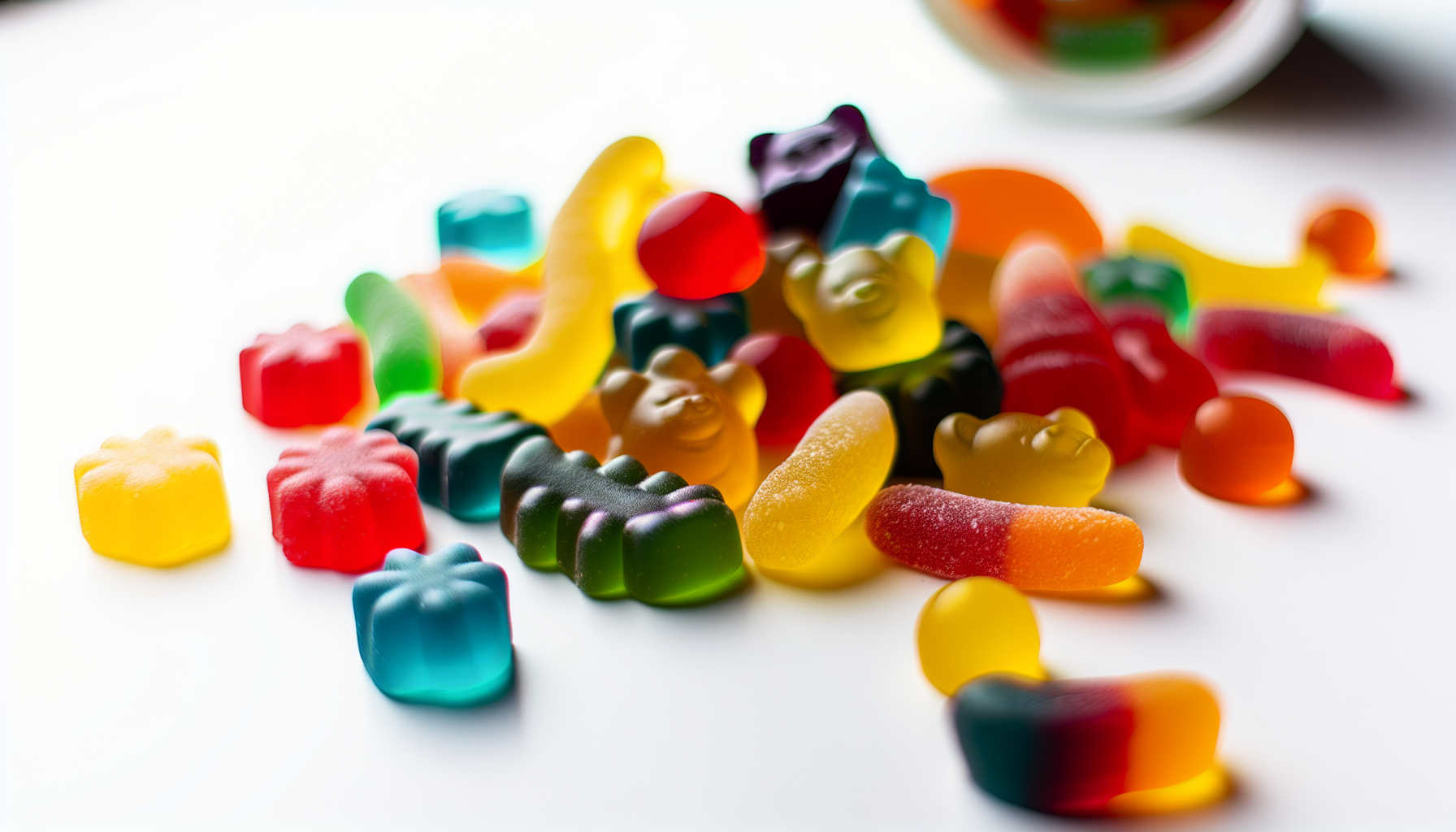 Assorted CBD gummies in vibrant colors and shapes