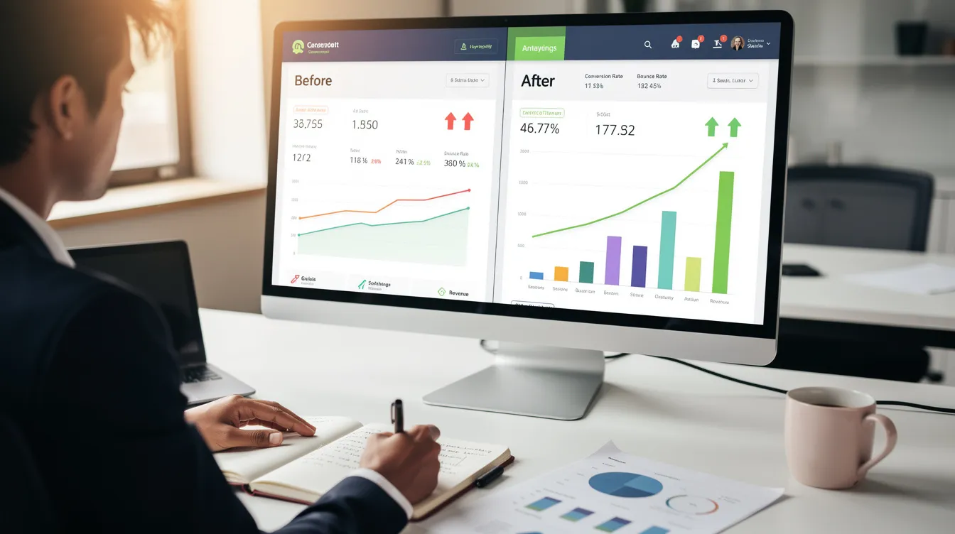 An individual is analyzing two website analytics dashboards, comparing performance metrics before and after implementing changes aimed at improving core web vitals. The focus is on how these adjustments have affected search engine rankings and overall user experience, highlighting the importance of technical SEO factors like page load time and visual stability.