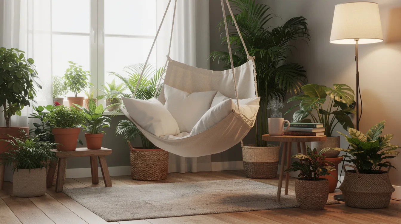 En mysig läshörna inomhus med en hängstol i ljust bomullstyg, omgiven av frodiga gröna växter, som skapar en avkopplande atmosfär för att njuta av en bra bok. Hängstolen passar perfekt för avkoppling och ger en känsla av lugn i rummet.
