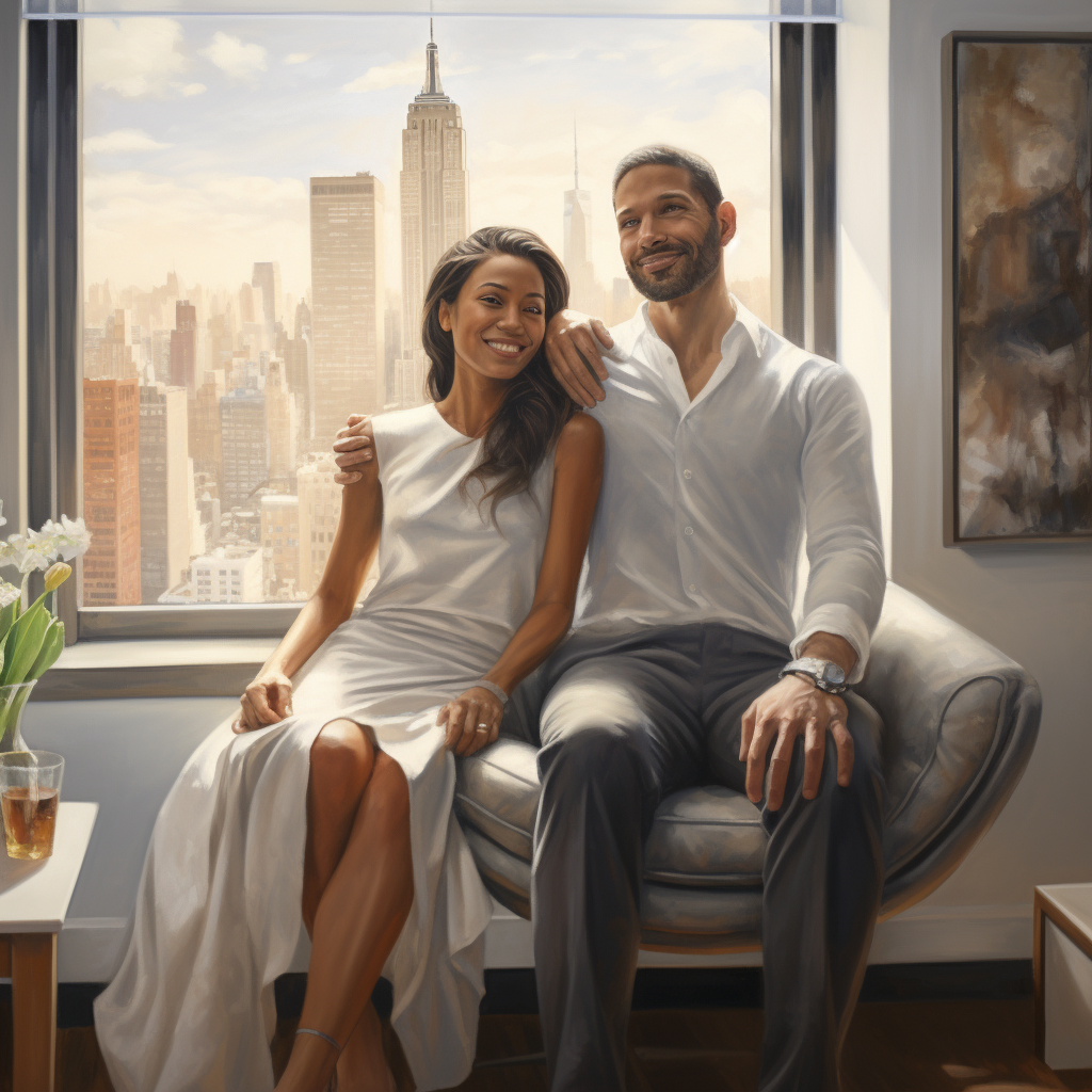 Mixed-race couple, reflecting New York City's diverse culture, shares a satisfied moment with a therapist in a professional Midtown Manhattan office at 'Loving at Your Best Marriage and Couples Counseling'. Their expressions radiate relief and progress in managing Adult ADHD, matched by the therapist's proud demeanor. The expansive window behind them offers a breathtaking view of the Midtown skyline.