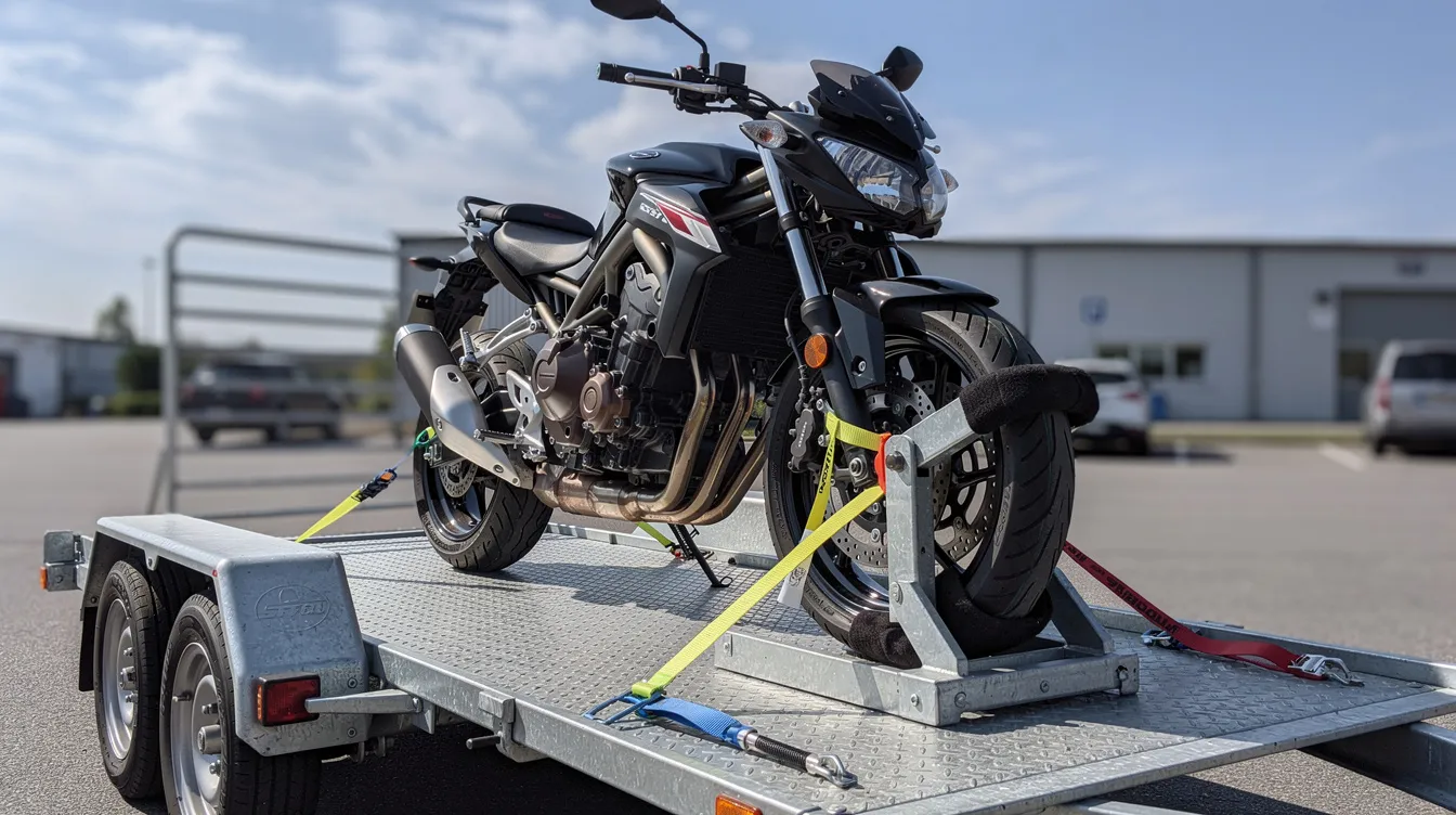 A motorcycle is securely fastened on a transport trailer using straps and wheel chocks, ensuring safe motorcycle shipping during transit. This setup highlights the importance of proper motorcycle transport methods to prevent damage while delivering the bike to its destination.
