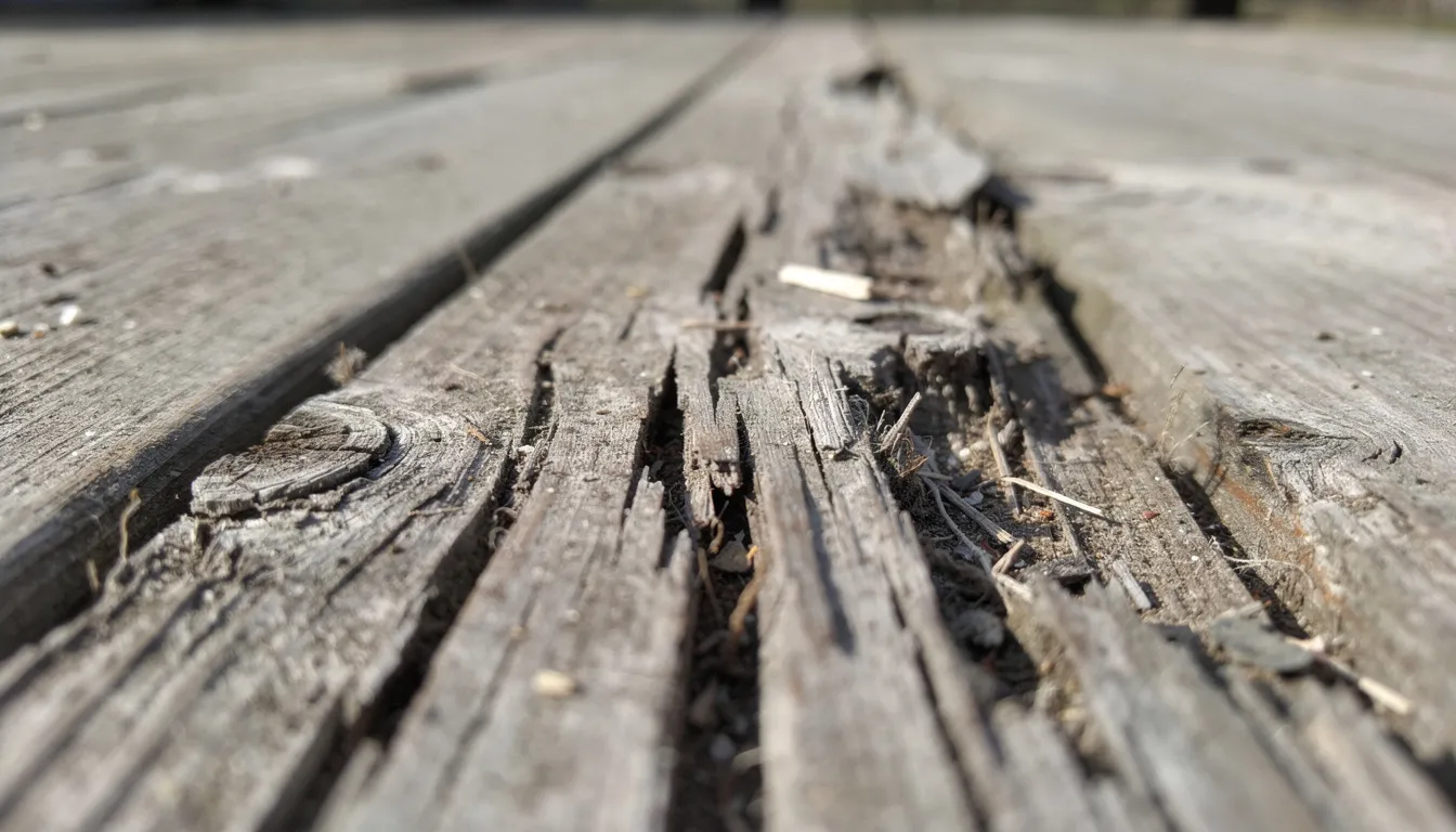 Deck Materials Performance,Sparta deck materials 2 The Close-Up Photograph Captures Weathered Wood Decking Boards, Highlighting Visible Cracks And Raised Grain As A Result Of Freeze-Thaw Damage. This Image Illustrates The Effects Of Extreme Weather Conditions On Traditional Wood Decks, Emphasizing The Need For Regular Maintenance To Preserve Outdoor Living Spaces.