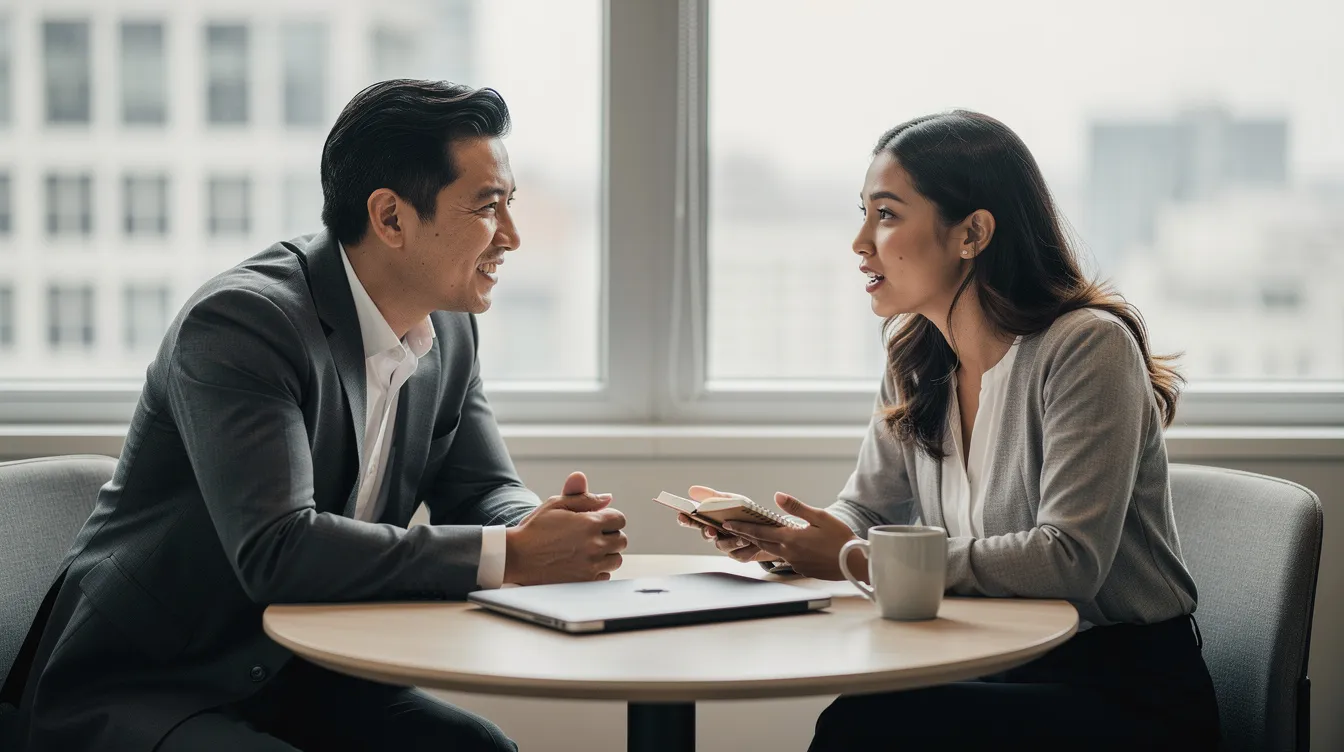 An empathetic leader engages in a supportive one-on-one conversation with a team member, actively listening and demonstrating emotional intelligence to foster a deeper understanding of the individual's feelings and life circumstances. This interaction highlights the importance of emotional empathy in leadership, promoting positive relationships and job satisfaction within the team.