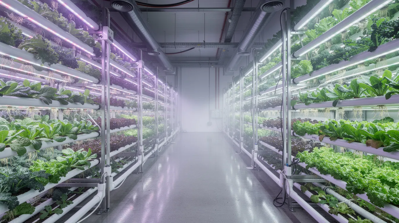 The image depicts a modern indoor hydroponic vertical farming setup, showcasing lush green leafy vegetables thriving under bright LED lights. This innovative farming method represents a great business idea for local businesses in the food and beverage industry, highlighting sustainable practices and efficient use of space.