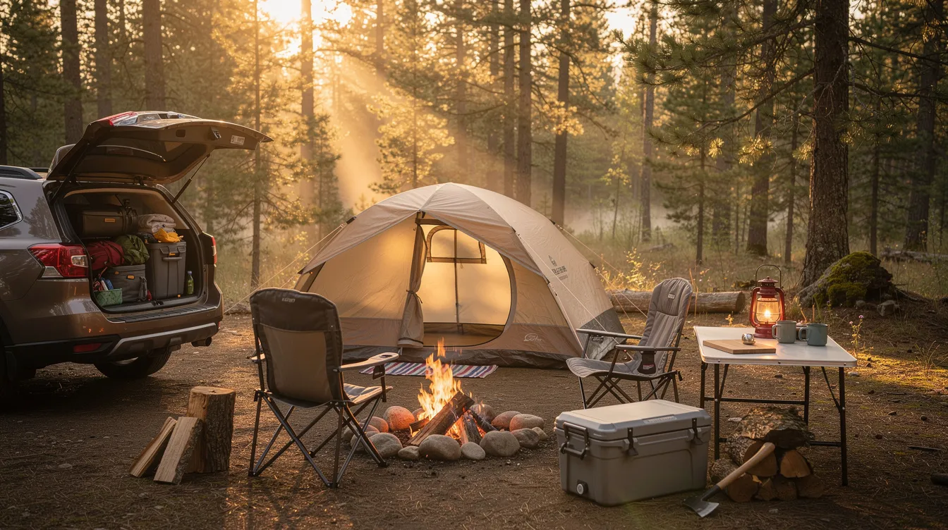 The image depicts a complete car camping setup at a forested campsite during golden hour, featuring a cozy camping tent, comfortable chairs, a cooler to keep food cold, and a warm campfire, perfect for a relaxing camping trip with friends or family. Essential camping gear is neatly arranged, creating an inviting atmosphere for a memorable outdoor adventure.