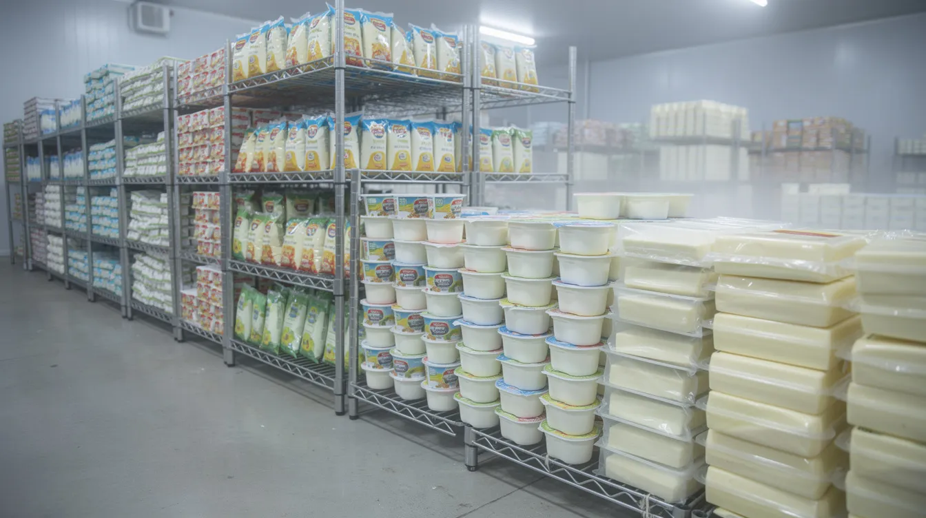 The image shows rows of neatly packaged dairy products, including milk pouches, curd cups, and paneer blocks, stored in a cold storage warehouse. This setup reflects the operations of a dairy processing plant, essential for maintaining the quality and freshness of dairy products in the Indian dairy industry.