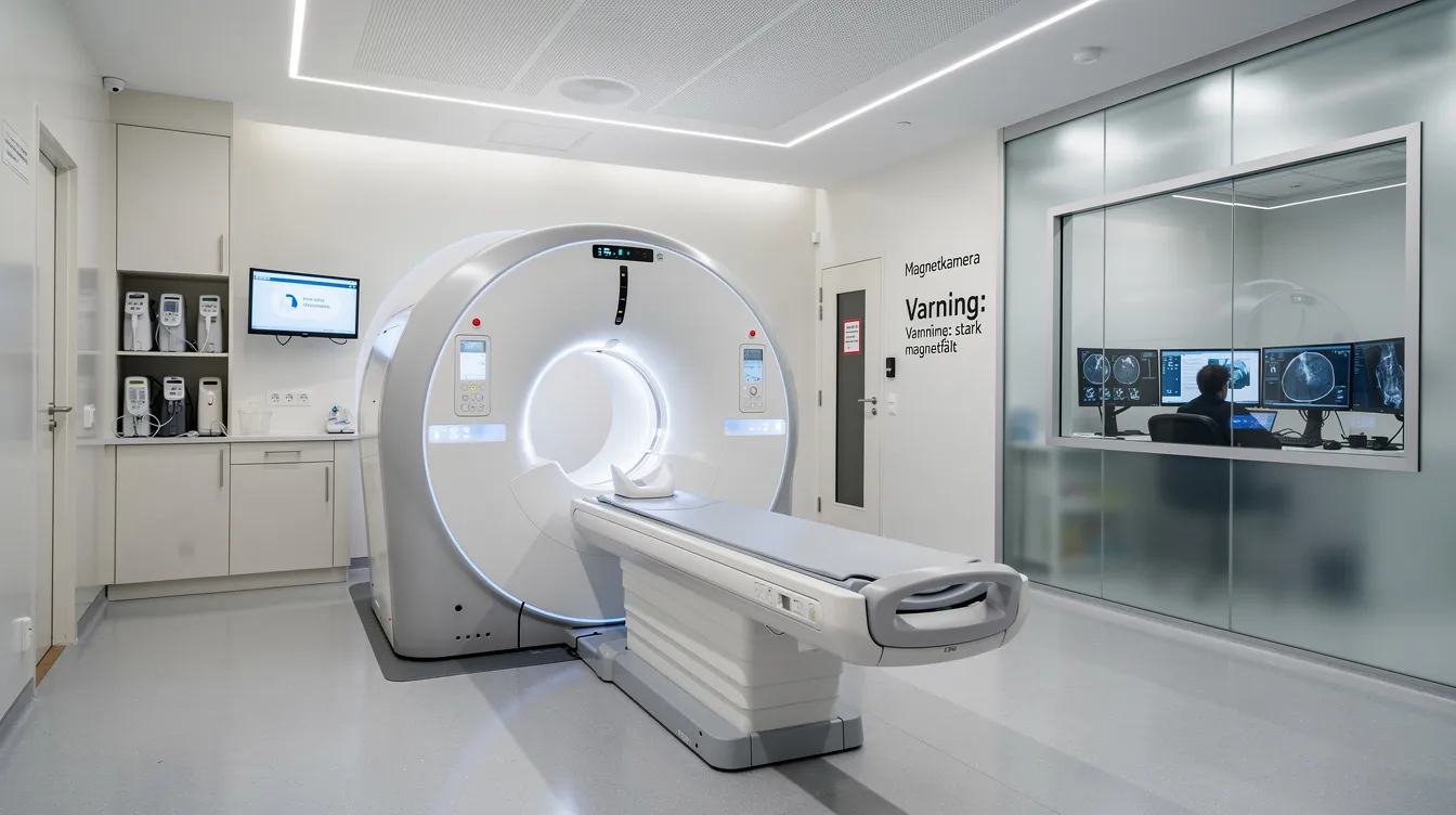 En modern magnetkamera står i en vårdmiljö, redo för magnetröntgenundersökningar av fotled och ben. Utrustningen används för att upptäcka orsaken till besvär som smärta och svullnad, och ger detaljerade bilder genom magnetfält och radiovågor.