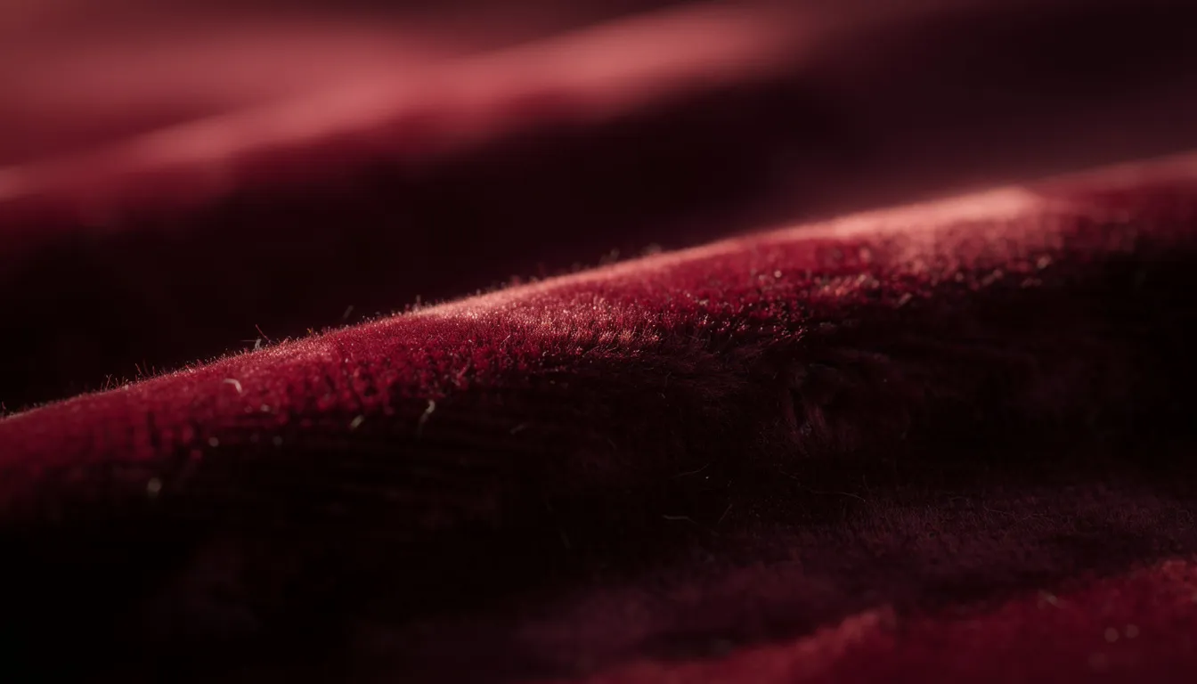 Close-up van een zachte velvet stof in een diepe kleur, verlicht door warm sfeerlicht dat de luxe uitstraling en textuur accentueert. Deze stijlvolle wandbekleding voegt een verfijnde sfeer toe aan iedere ruimte en vermindert storende echo's met zijn akoestische panelen.