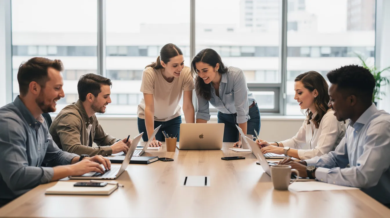 Das Bild zeigt ein Team von Forschern, die gemeinsam an Laptops arbeiten und sich über ihre Projekte im Bereich künstliche Intelligenz austauschen. Im Hintergrund sind Notizen und technische Unterlagen zu sehen, die auf die Entwicklung von KI-Modellen hindeuten, möglicherweise im Kontext des Schweizer National Supercomputing Centre oder der ETH Zürich.