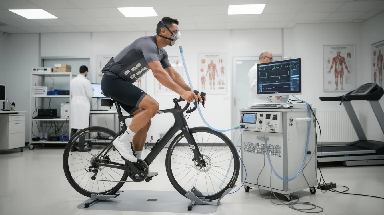 An athlete is seen performing a cycling test in an exercise physiology lab, surrounded by equipment designed to measure oxygen uptake and energy production. This environment is ideal for studying the potential benefits of cordyceps supplements in improving endurance exercise performance and enhancing athletic performance.